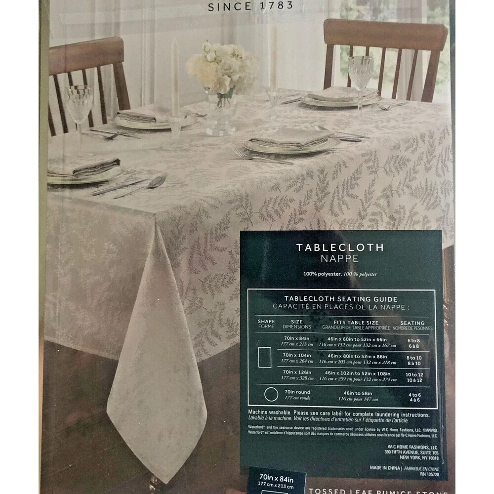 Waterford Luxury Christmas Fabric Tablecloth Gray Tossed Leaf Pumice Stone 70x84